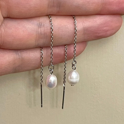 White Freshwater Pearl Threader Drop Earrings (Stainless Steel)