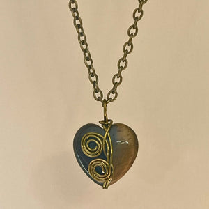Wire Wrapped Yellow Tigers Eye Heart Necklace (Antique Bronze)