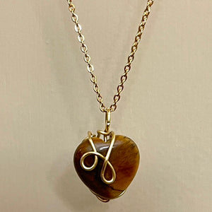Wire Wrapped Yellow Tigers Eye Heart Necklace (Gold Stainless Steel)