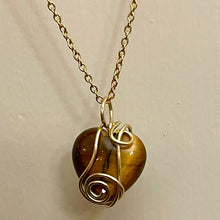 Load image into Gallery viewer, Wire Wrapped Yellow Tigers Eye Heart Necklace (Gold Stainless Steel)