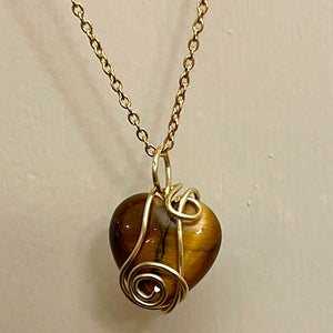 Wire Wrapped Yellow Tigers Eye Heart Necklace (Gold Stainless Steel)
