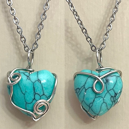 Wire Wrapped Turquoise Heart Necklace (Stainless Steel)