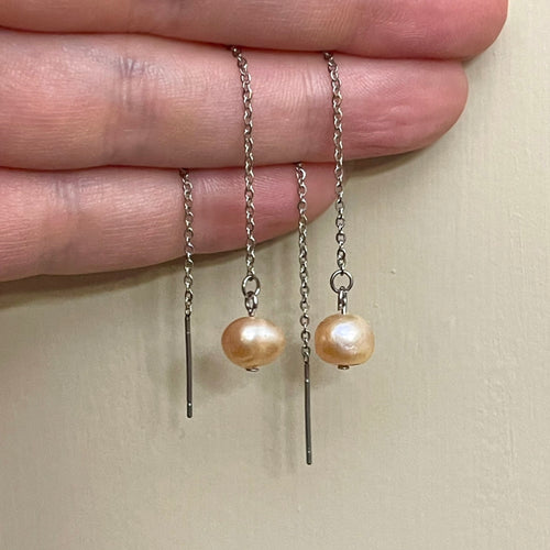 Pink Freshwater Pearl Threader Drop Earrings (Stainless Steel)