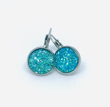 Load image into Gallery viewer, 12mm Lake Blue Druzy Leverback Drop Earrings (Stainless Steel)