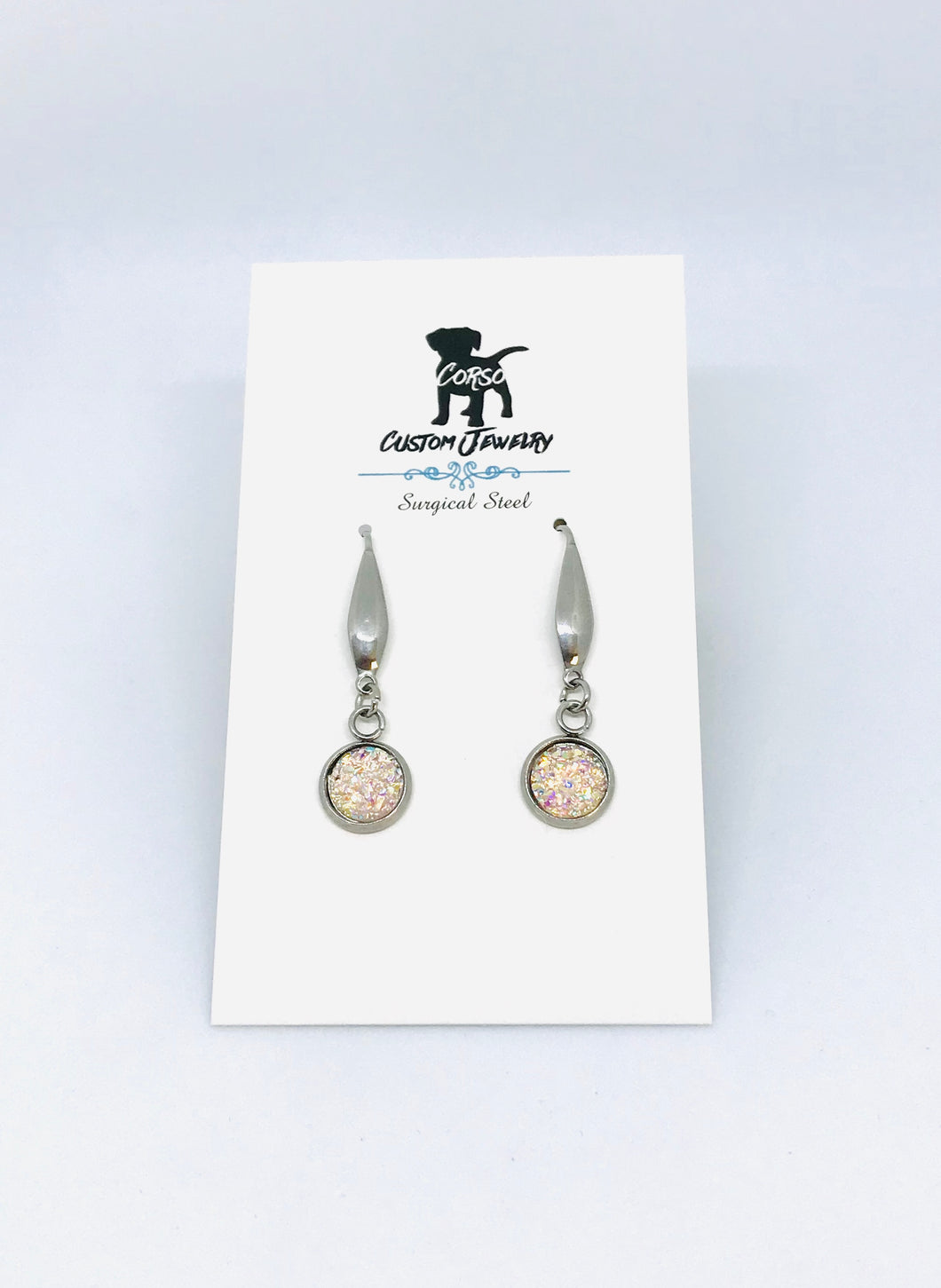 8mm Cotton Candy Pink Druzy Drop Earrings (Surgical Steel)