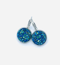 Load image into Gallery viewer, 12mm Galaxy Blue Druzy Leverback Drop Earrings (Stainless Steel)