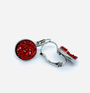 12mm Red Shimmer Druzy Leverback Drop Earrings (Stainless Steel)
