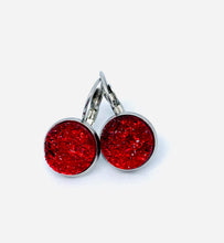 Load image into Gallery viewer, 12mm Red Druzy Leverback Drop Earrings (Stainless Steel)