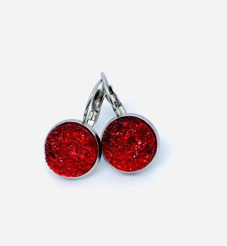 12mm Red Druzy Leverback Drop Earrings (Stainless Steel)