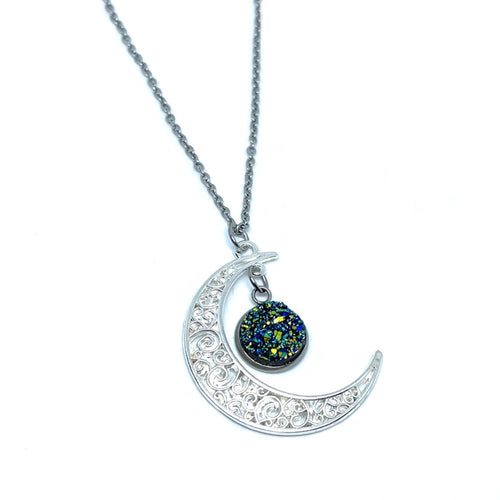 Filigree Moon Druzy Necklace (Stainless Steel)