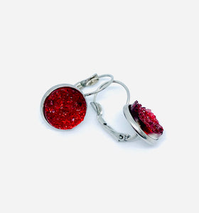 12mm Red Druzy Leverback Drop Earrings (Stainless Steel)