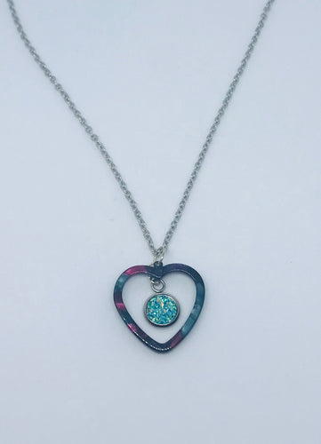 Lake Blue Druzy Heart Necklace #2 (Stainless Steel)