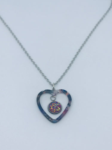 Dark Pink Druzy Heart Necklace #2 (Stainless Steel)