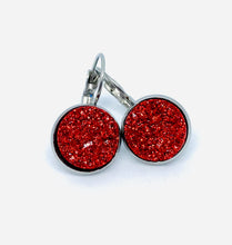 Load image into Gallery viewer, 12mm Red Shimmer Druzy Leverback Drop Earrings (Stainless Steel)