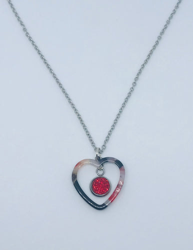 Red Druzy Heart Necklace (Stainless Steel)