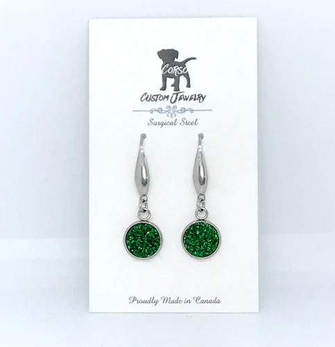 10mm Emerald Shimmer Druzy Drop Earrings (Surgical Steel)