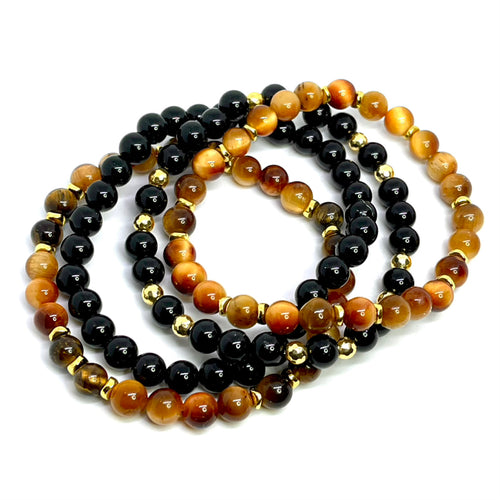 6mm Mixed Tigers Eye and Black Onyx Mega Gemstone Bracelet Stack