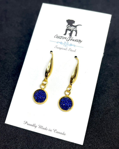 8mm Sapphire Shimmer Druzy Drop Earrings (Gold Surgical Steel)