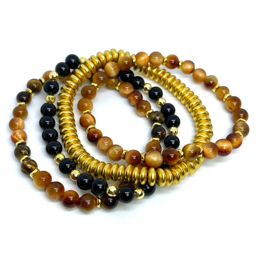 6mm Golden Mixed Tigers Eye and Black Onyx Mega Gemstone Bracelet Stack