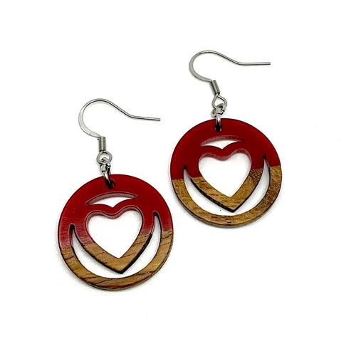 Scarlet Wooden Heart Drop Earrings