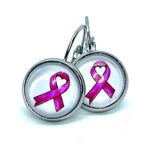 12mm Breast Cancer Awareness Leverback Drop Earrings (Stainless Steel)