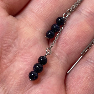 Blue Sandstone Gemstone Threader Drop Earrings (Stainless Steel)