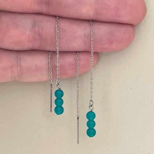 Teal Chalcedony Gemstone Threader Drop Earrings (Stainless Steel)