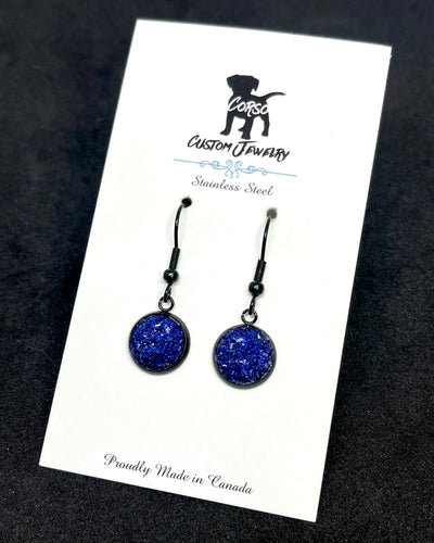 10mm Sapphire Shimmer Druzy Drop Earrings (Black Stainless Steel)