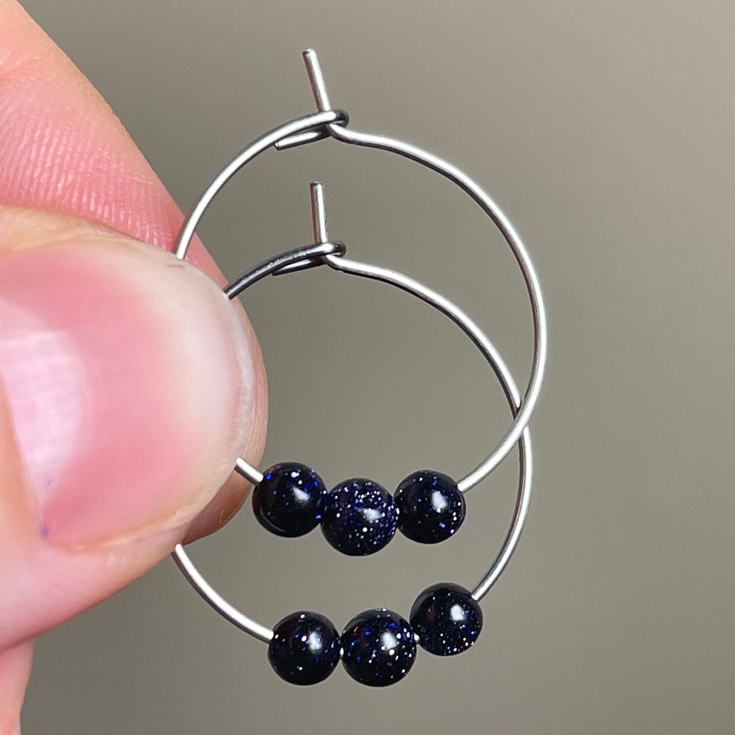 Blue Sandstone Gemstone Hoop Earrings (Surgical Steel)
