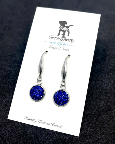 10mm Sapphire Shimmer Druzy Drop Earrings (Surgical Steel)