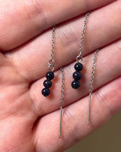 Blue Sandstone Gemstone Threader Drop Earrings (Stainless Steel)