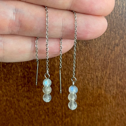 Labradorite Gemstone Threader Drop Earrings (Stainless Steel)
