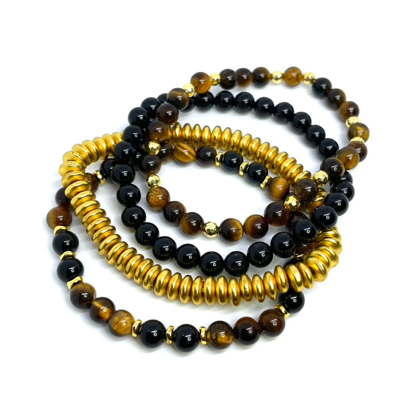 6mm Yellow Tigers Eye and Black Onyx Mega Gemstone Bracelet Stack