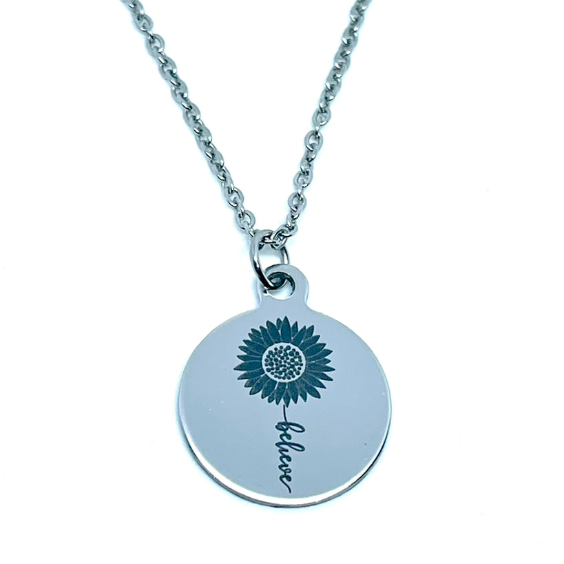 “Believe” Sunflower Charm Necklace (Stainless Steel)