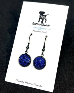 12mm Sapphire Shimmer Drop Earrings (Black Stainless Steel)