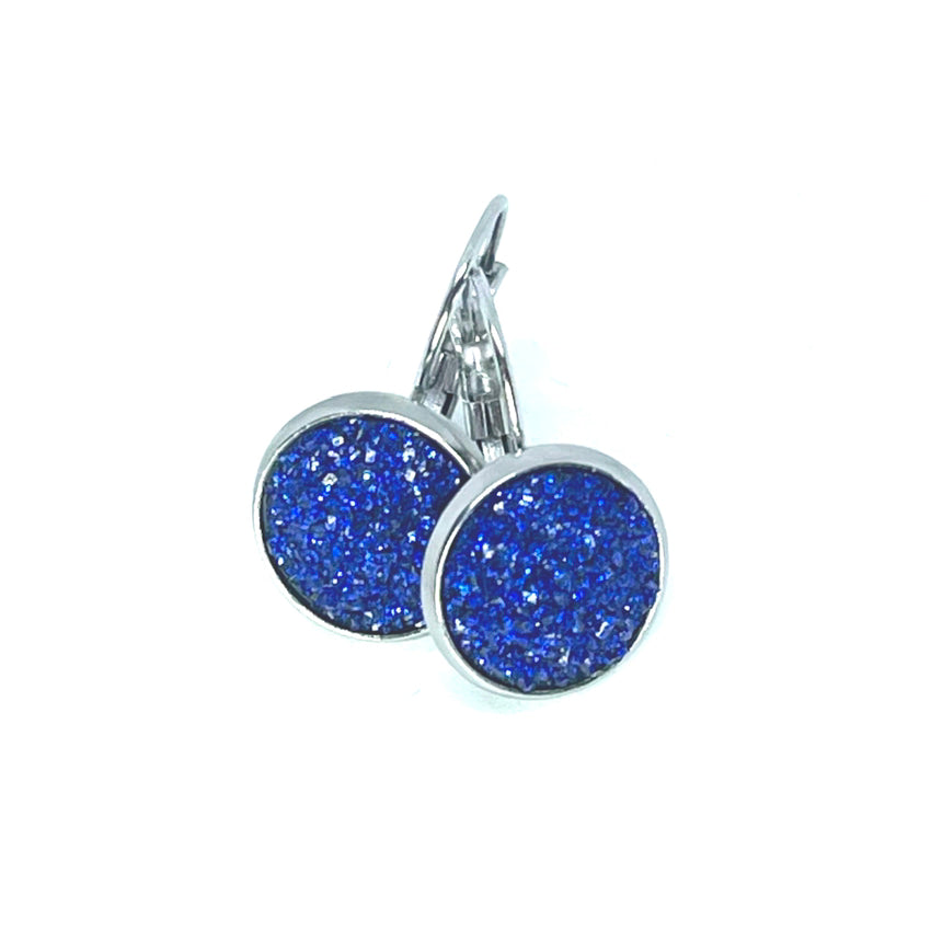 12mm Sapphire Shimmer Druzy Leverback Drop Earrings (Stainless Steel)