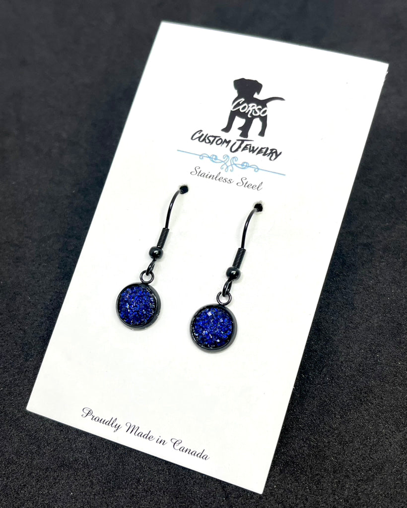 8mm Sapphire Shimmer Druzy Drop Earrings (Black Stainless Steel)