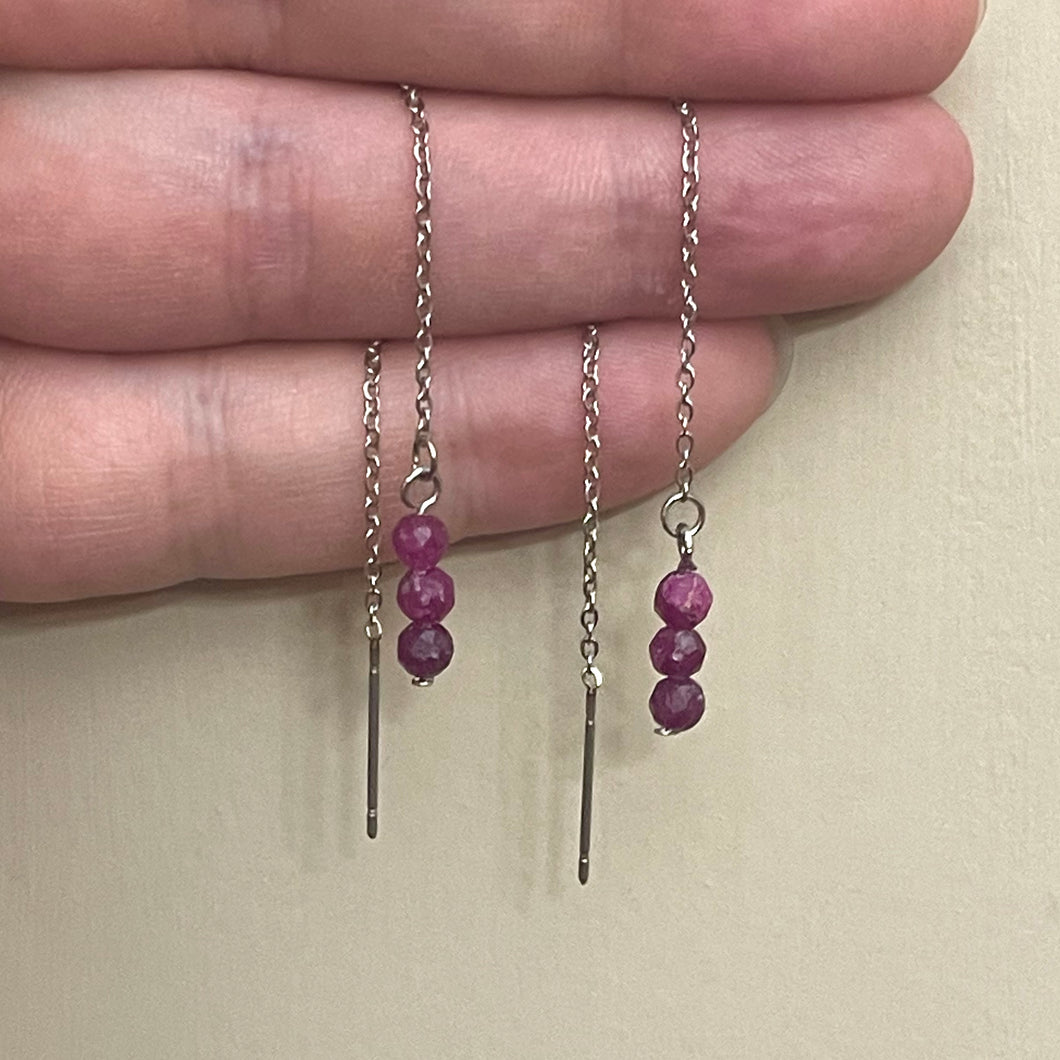 Ruby Gemstone Threader Drop Earrings (Stainless Steel)