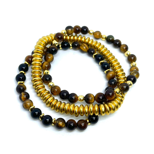 6mm Yellow Tigers Eye & Black Onyx Gemstone Bracelet Stack