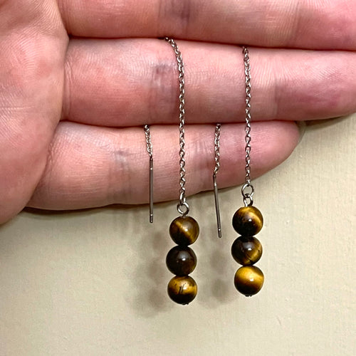 Tigers Eye Gemstone Threader Drop Earrings (Stainless Steel)
