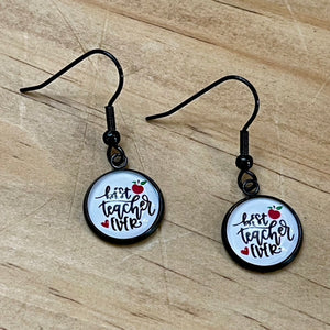 12mm "Best Teacher Ever" Drop Earrings (Black Stainless Steel)