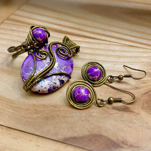 Wire Wrapped Purple Jasper Set (Pendant, Adjustable Ring, & Drop Earrings)