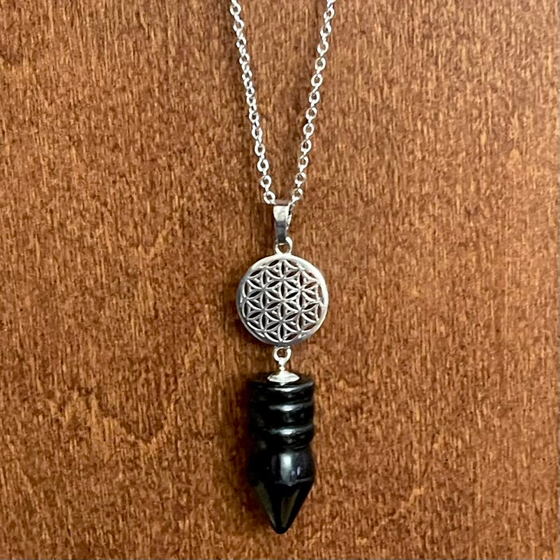 Black Obsidian Flower of Life Necklace (Stainless Steel)