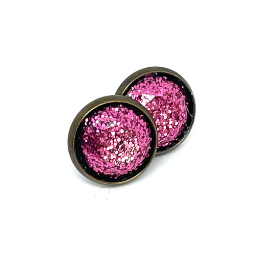 12mm Pink Sparkle Studs (Antique Bronze)