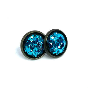 12mm Blue Sparkle Studs (Antique Bronze)