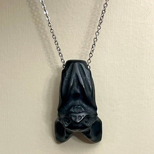 Black Obsidian Bat Necklace (Stainless Steel)