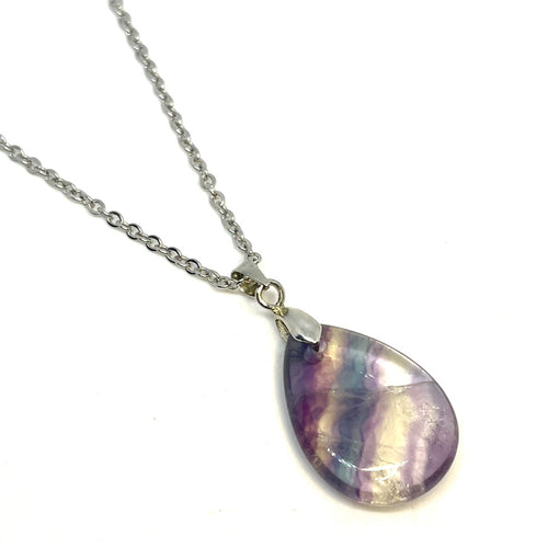 Rainbow Fluorite Teardrop Necklace (Stainless Steel)