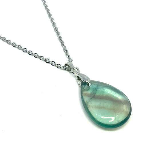 Green Fluorite Teardrop Necklace (Stainless Steel)