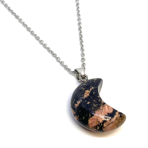 Rhodonite Moon Necklace (Stainless Steel)