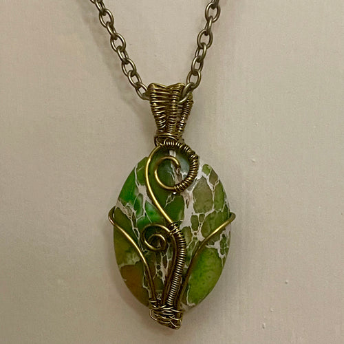 Wire Wrapped Fiddlehead Fern Green Jasper Necklace